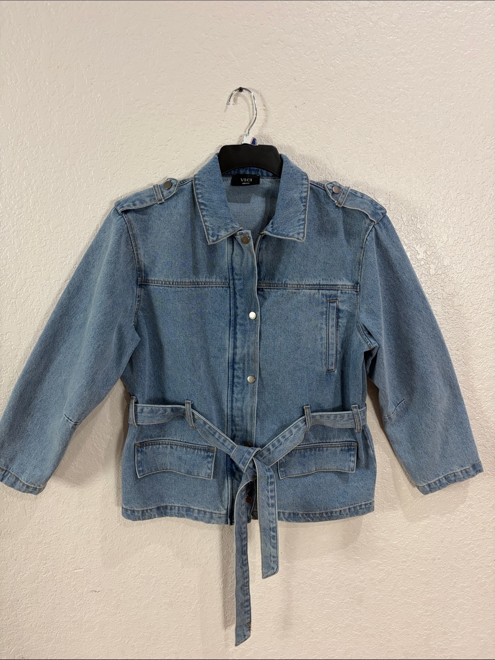 Vici Light Blue Denim Tie-Waist Jacket,Size Small.